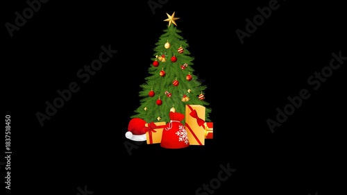 Vibrant holiday Christmas tree glowing with lights and presents below