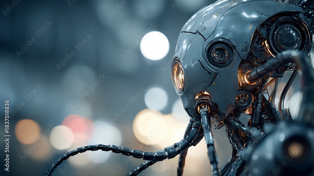 Fototapeta premium Metallic robotic head with cable tentacles against blurred bokeh background
