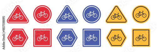 Bicycle road warning signs in triangle and hexagon shapes with multiple color variations.