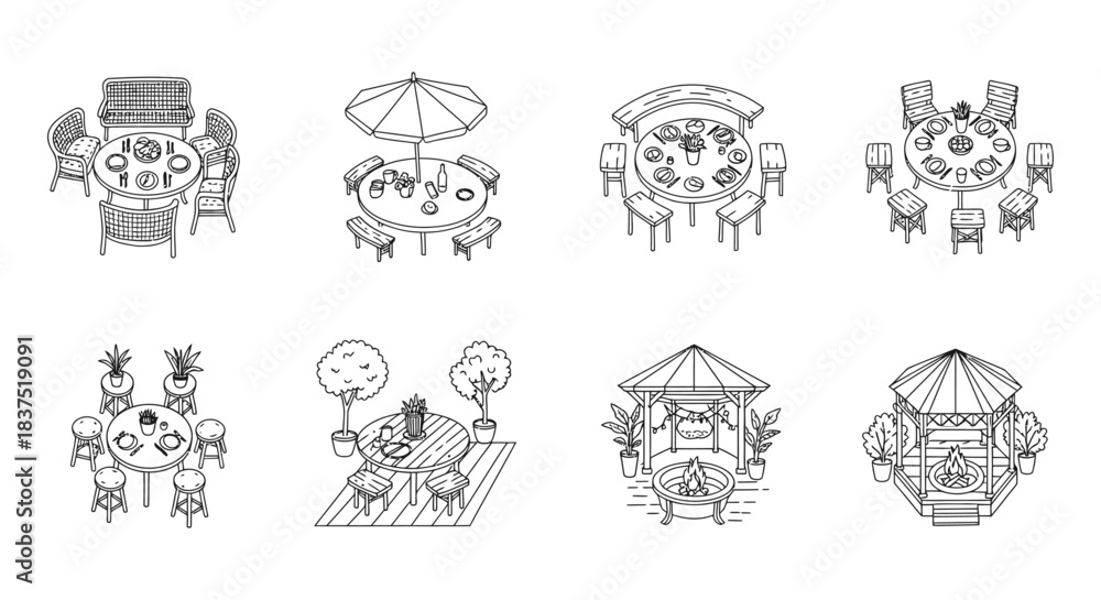 Obraz premium line art outdoor furniture set dining tables picnic sets gazebos and fire pits for backyard and patio design.