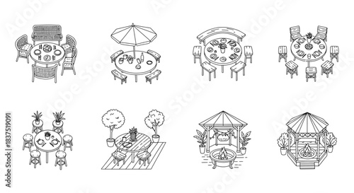 line art outdoor furniture set dining tables picnic sets gazebos and fire pits for backyard and patio design.