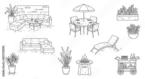 line art outdoor furniture  plant set patio sofa dining fire pit chaise. modern backyard and garden design.