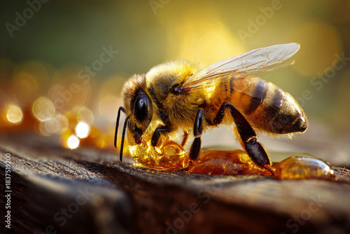 Bees gathering honey in warm golden light amidst nature's beauty Generative AI