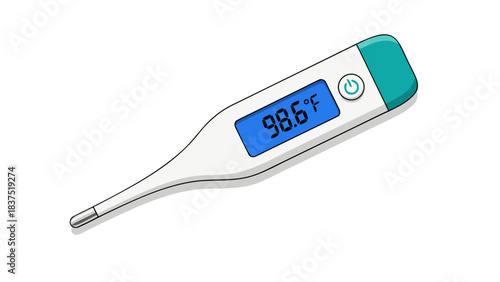 Digital Thermometer Displaying 98.6 Degrees Fahrenheit Isolated Against a Black Background with Blue LED Screen and Teal Accent