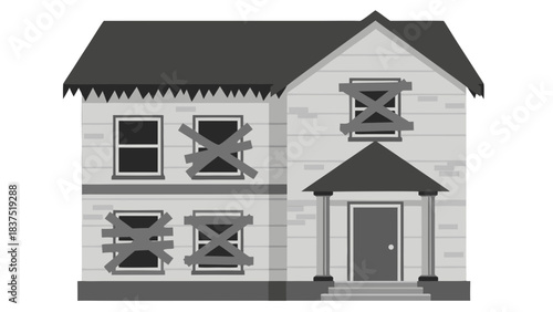Dilapidated Abandoned Two Story House With Boarded Up Windows and Tattered Roof Under Gray Sky Vector Art