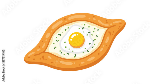 Delicious Khachapuri Adjarian Style with a Sunny Side Up Egg and Fresh Parsley Sprinkled on Top on a Black Background