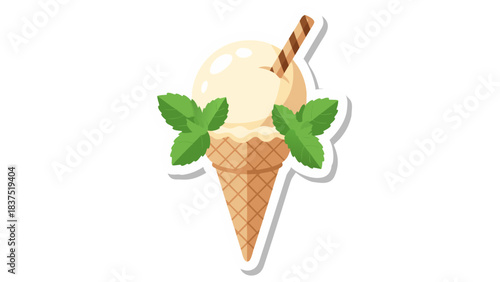Delicious Vanilla Ice Cream Cone With Wafer Stick and Fresh Mint Leaves on a Black Background