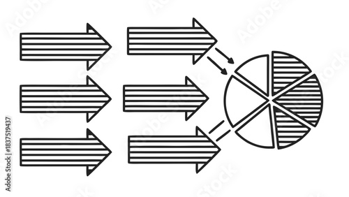 Diagram Illustrating Multiple Streams Converging into a Divided Circular Segment on a White Background Symbolic of Data Aggregation or Resource Allocation