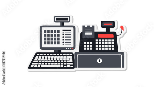 Digital Cash Register And Computer With Keyboard And Monitor For Retail Business Transaction And Payment Processing With Receipt Printer And Cash Drawer
