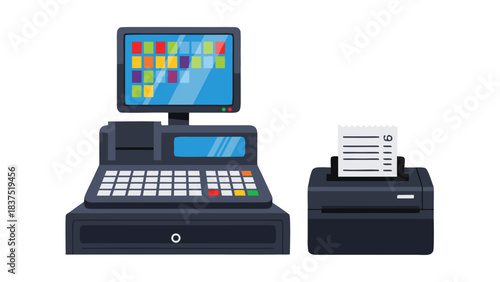Digital Cash Register and Receipt Printer with Colorful Screen Display on Black Background Ideal for Retail and Point of Sale Systems