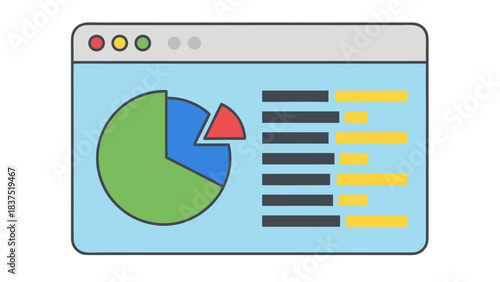 Digital Dashboard Interface With Pie Chart and Bar Graphs Displaying Data Analytics And Performance Metrics On A Light Blue Screen With Red Yellow Green Circle Icons