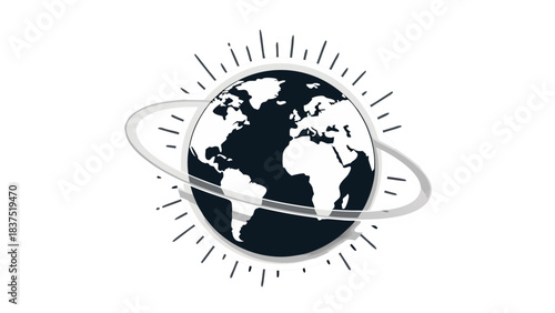 Digital Globe Icon With Orbiting Rings And Rays On Black Background Representing Global Connectivity Technology And Internet Services In A Modern Abstract Style