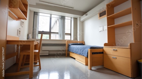 Dorm room with single bed, desk, and window