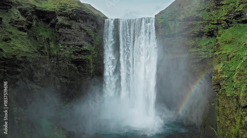 Skogafoss waterfall Iceland seen from top-down drone aerial. 4K cinematic footage highlights turquoise pool and mist spray.