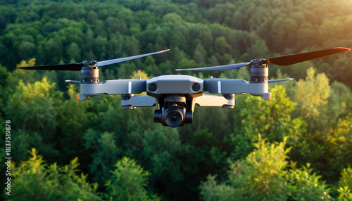 Wallpaper Mural A modern drone with a camera flying high above a lush green forest, capturing aerial views of the natural landscape under sunlight. Torontodigital.ca