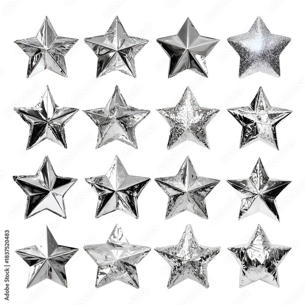Obraz premium A collection of sixteen shiny silver star ornaments is displayed on a plain white background in a four by four grid arrangement.