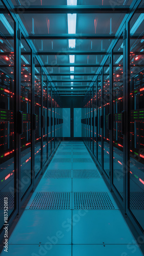 Futuristic Data Center Corridor With Blue Lighting and Symmetrical Server Racks