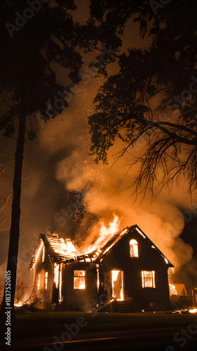 Dramatic Nighttime Photo of a Residential House Engulfed in Flames