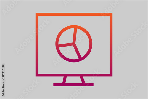This image is a stylized graphic icon of a desktop computer monitor. The screen of the monitor displays a large pie chart divided into three sectors