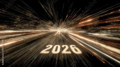 Numerical representation of the year two thousand twenty six approaches through a tunnel of light streaks