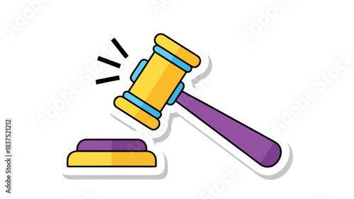 Flat Design Gavel and Sounding Block In Yellow Blue And Purple On Black Background With White Outline