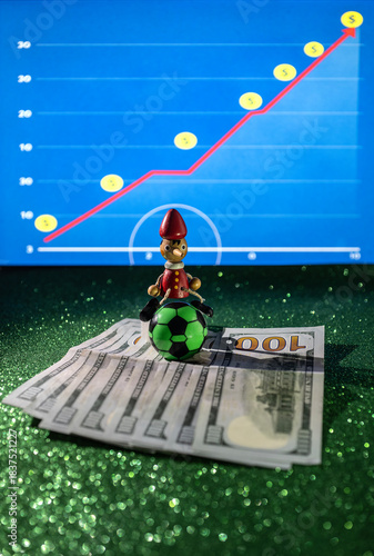 Pinocchio sitting on a green soccer ball on top of $100 bills with an upward-trending earnings chart in the background.