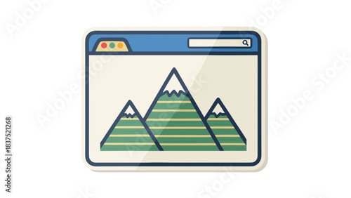 Flat Design Illustration of a Digital Browser Window Displaying a Stylized Mountain Landscape with Green and Yellow Striped Hills Under a Blue Sky with Search Bar and Tabs