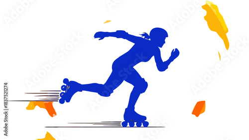 Dynamic Blue Silhouette Of A Person Roller Skating With Motion Blur And Abstract Orange Light Streaks Against A Black Background Conveying Speed And Energy