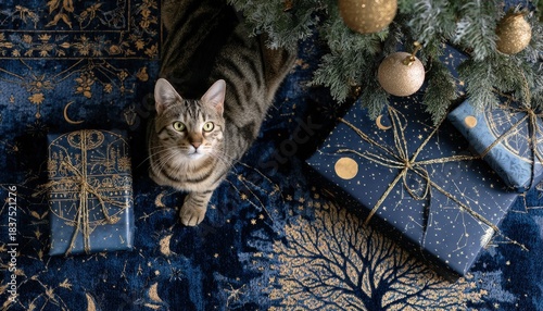 Domestic feline rests near beautifully wrapped presents beneath evergreen foliage