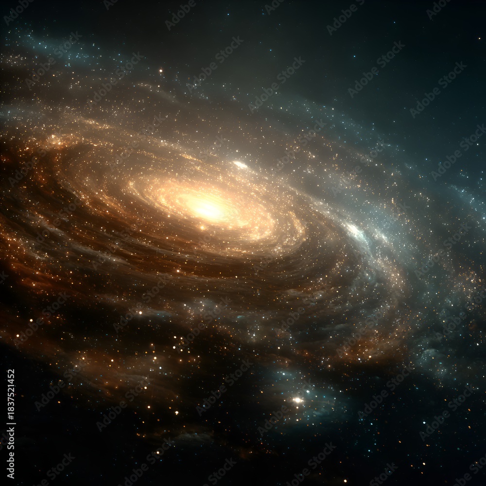 Fototapeta premium A mesmerizing spiral galaxy with brilliant orange hues swirls amidst a vast expanse of stars in the infinite depths of the cosmos so far away.