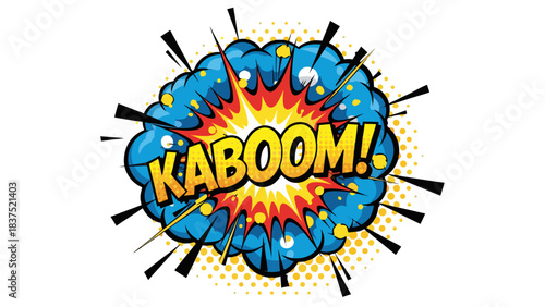 Explosion Comic Book Style KABOOM Word Art On Black Background With Yellow Dots And Blue Cloud Burst Effect