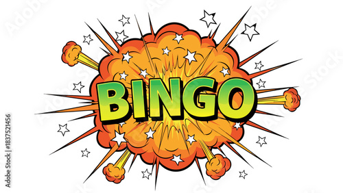 Explosion of Orange and Yellow With the Word Bingo in Bright Green and Yellow Letters on a Black Background Comic Book Style Explosion With Stars and Bursting Elements