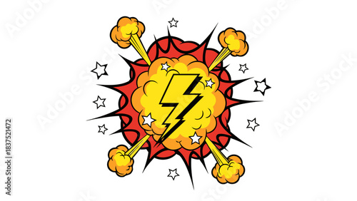 Explosion with Yellow Lightning Bolt on Black Background Comic Style