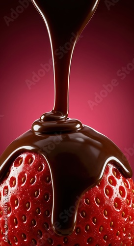A vibrant red strawberry is lavishly coated with rich, dark melted chocolate dripping down its textured surface against a smooth magenta background.