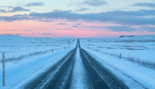Open, empty asphalt road stretches toward a horizon under a pastel winter sky.
