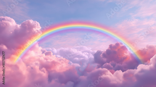 Majestic rainbow appearing among pink clouds serene sky digital artwork dreamy atmosphere aerial perspective