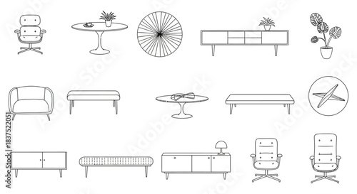 minimalist line art furniture icons a collection of modern and mid-century chairs tables and cabinets for interior design concepts.