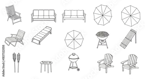 outlined summer outdoor furniture patio equipment and barbecue grill line art icons for backyard living and design projects.
