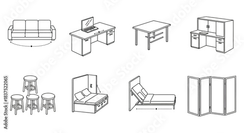 minimalist line art furniture icons sofas desks murphy beds room dividers adaptable living modern interior.