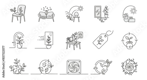 minimalist line art icons depicting sustainable living green home design and environmental concepts ideal for eco-friendly branding and digital content.
