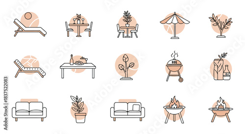 minimalist line art icons for outdoor living home leisure furniture plants bbq fire pit peach accents.