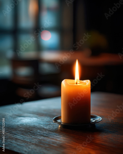 Half burned candle candle flame wooden table indoor warm light bokeh shallow depth of field wax plate cozy evening glow peaceful single object