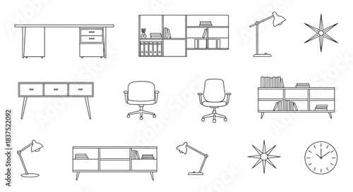 minimalist line art icons of office furniture including desks chairs storage and lamps perfect for modern home office design graphics.