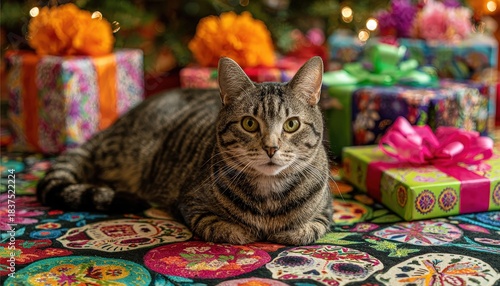 Domestic feline resting in front of brightly wrapped presents with festive decorations