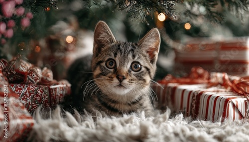 Curious tabby kitten peeks out from beneath evergreen branches surrounded by wrapped presents