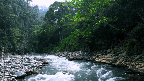 Stony bed of beautiful aquamarine mountain river running in dense jungle on sunny day. Fast foamy current in forest. View from water. Video with sound of stream gurgling. North Sumatra, Indonesia.