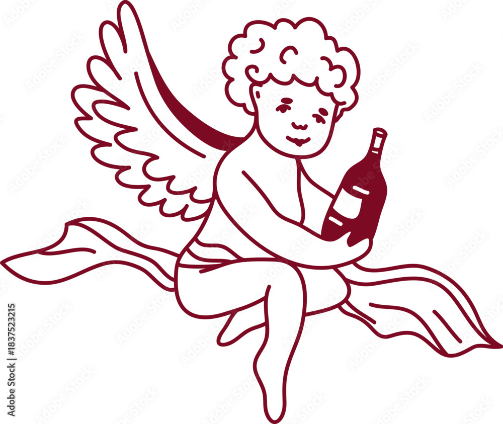 Fototapeta premium Cherub Holding Wine Bottle Line Art