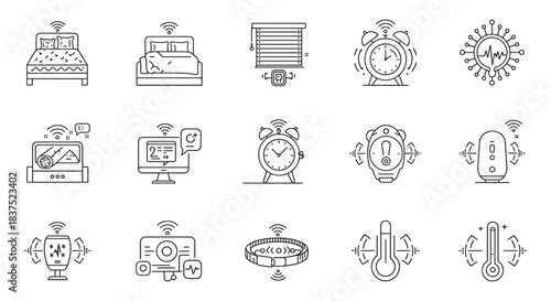 smart home devices and internet of things line icons illustrating modern residential automation digital living and connected technology.