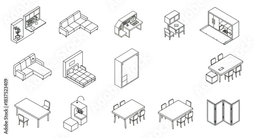 smart furniture isometric line art illustrations space-saving modular designs for small apartments showcasing versatile compact living solutions.