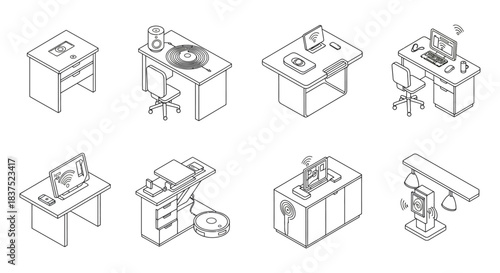 smart home office technology isometric line art depicting wireless charging internet of things and modern digital connectivity solutions.